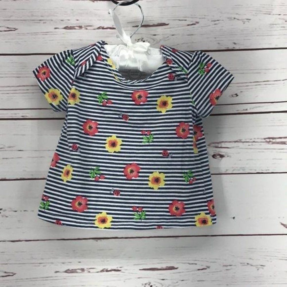 Wonder Nation Baby Girls Navy‎ White Striped Floral Ladybug Top 6-9M WBG19402